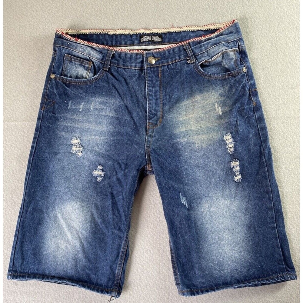 Y2K City Ink Jeans Shorts Mens 40x14 Blue Distressed Whisker Relaxed Tag 38*
